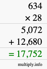 How to calculate 634 times 28 using long multiplication