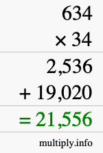 How to calculate 634 times 34 using long multiplication