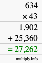 How to calculate 634 times 43 using long multiplication