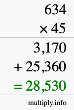 How to calculate 634 times 45 using long multiplication