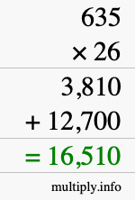 How to calculate 635 times 26 using long multiplication