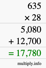 How to calculate 635 times 28 using long multiplication