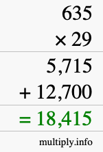 How to calculate 635 times 29 using long multiplication