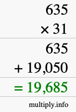 How to calculate 635 times 31 using long multiplication