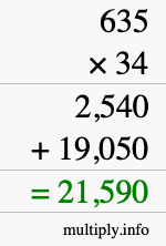 How to calculate 635 times 34 using long multiplication