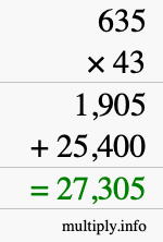 How to calculate 635 times 43 using long multiplication