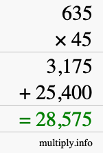 How to calculate 635 times 45 using long multiplication