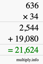 How to calculate 636 times 34 using long multiplication