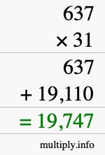 How to calculate 637 times 31 using long multiplication