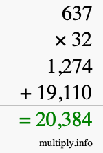 How to calculate 637 times 32 using long multiplication