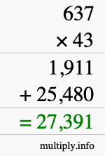 How to calculate 637 times 43 using long multiplication