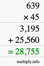 How to calculate 639 times 45 using long multiplication