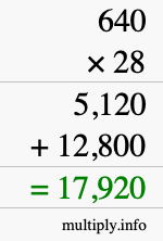 How to calculate 640 times 28 using long multiplication
