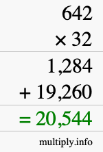 How to calculate 642 times 32 using long multiplication