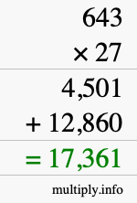 How to calculate 643 times 27 using long multiplication