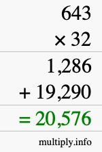 How to calculate 643 times 32 using long multiplication