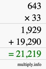 How to calculate 643 times 33 using long multiplication