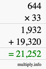 How to calculate 644 times 33 using long multiplication