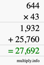 How to calculate 644 times 43 using long multiplication