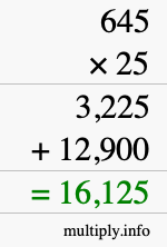 How to calculate 645 times 25 using long multiplication