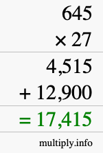 How to calculate 645 times 27 using long multiplication