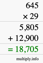 How to calculate 645 times 29 using long multiplication