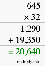 How to calculate 645 times 32 using long multiplication