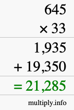 How to calculate 645 times 33 using long multiplication