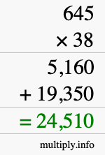How to calculate 645 times 38 using long multiplication