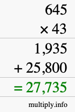 How to calculate 645 times 43 using long multiplication