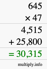 How to calculate 645 times 47 using long multiplication