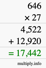 How to calculate 646 times 27 using long multiplication
