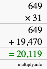 How to calculate 649 times 31 using long multiplication