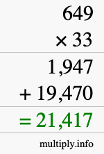 How to calculate 649 times 33 using long multiplication