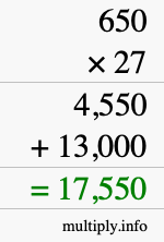 How to calculate 650 times 27 using long multiplication