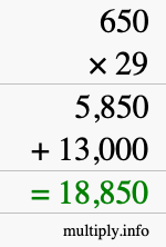 How to calculate 650 times 29 using long multiplication