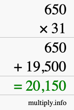 How to calculate 650 times 31 using long multiplication