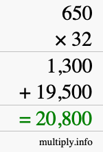 How to calculate 650 times 32 using long multiplication How to calculate 650 times 32 using long multiplication