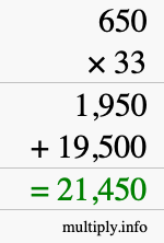 How to calculate 650 times 33 using long multiplication
