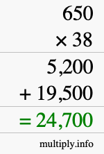 How to calculate 650 times 38 using long multiplication