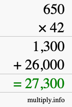 How to calculate 650 times 42 using long multiplication