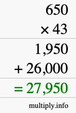 How to calculate 650 times 43 using long multiplication
