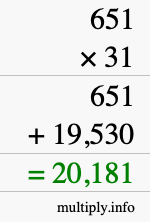 How to calculate 651 times 31 using long multiplication