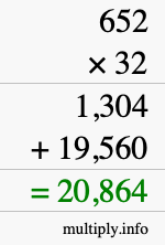 How to calculate 652 times 32 using long multiplication How to calculate 652 times 32 using long multiplication