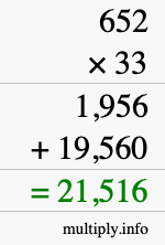 How to calculate 652 times 33 using long multiplication