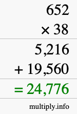 How to calculate 652 times 38 using long multiplication