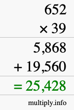 How to calculate 652 times 39 using long multiplication