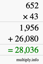 How to calculate 652 times 43 using long multiplication