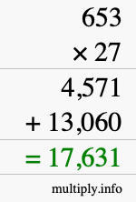How to calculate 653 times 27 using long multiplication