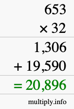 How to calculate 653 times 32 using long multiplication